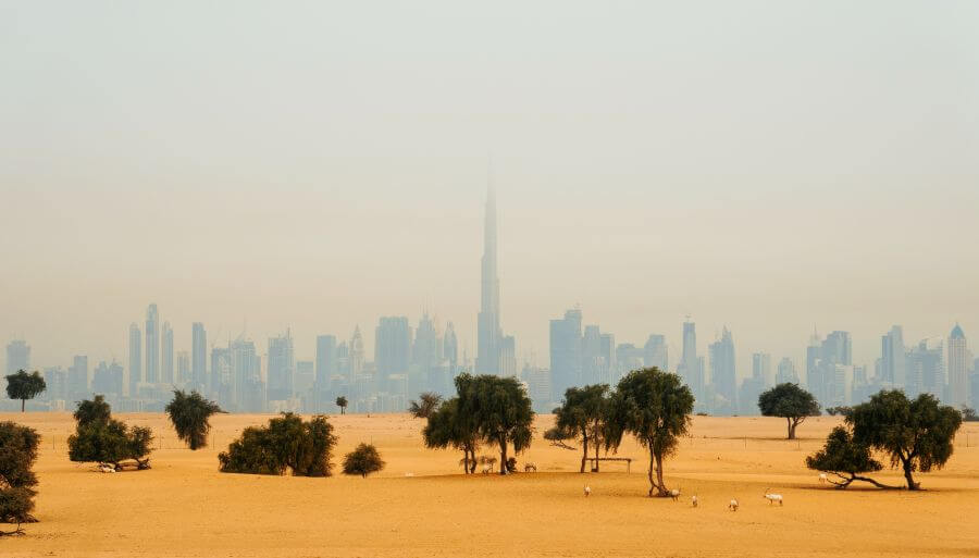 dubaj kiedyś i dziś pustynia z miastem w tle