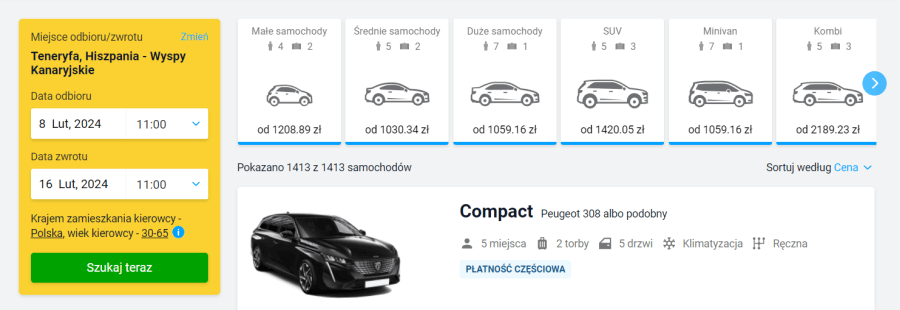 wynajem auta na Teneryfie – przykładowe ceny w lutym