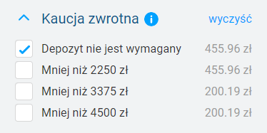 filtrowanie ofert wynajmu samochodów według opcji "depozyt nie jest wymagany"