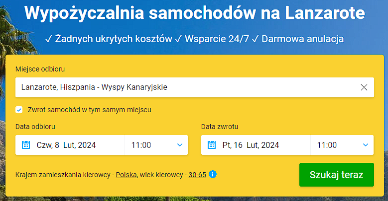 wynajem auta lanzarote - wyszukiwanie auta