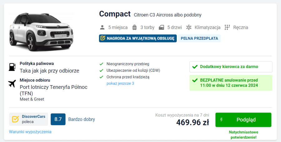 wynajem auta na Teneryfie – przykładowy średni samochód w cenie 469 zł za 7 dni